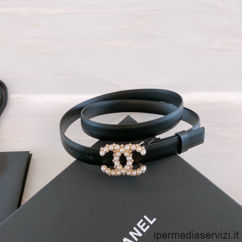 Réplica Chanel Perlas Cc Logo Cinturón De Cuero Negro 20mm