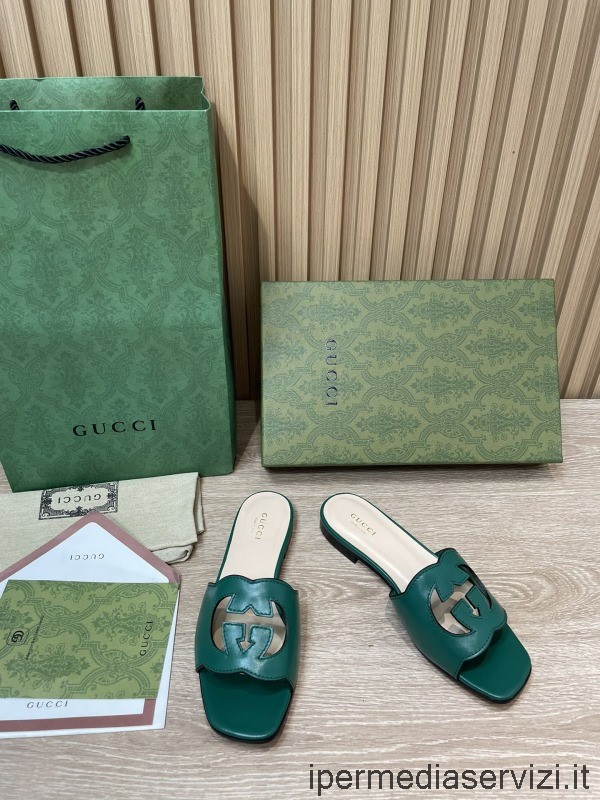 Réplica De Gucci Verde Entrelazado Recortado Sandalia De Diapositivas De Cuero 35 A 42