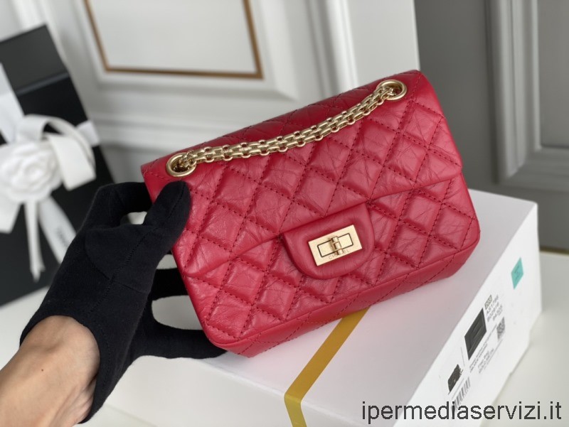 Réplica Chanel Reedición 255 Mini Bolso De Una Sola Solapa En Piel De Becerro Envejecida Acolchada Roja 20cm