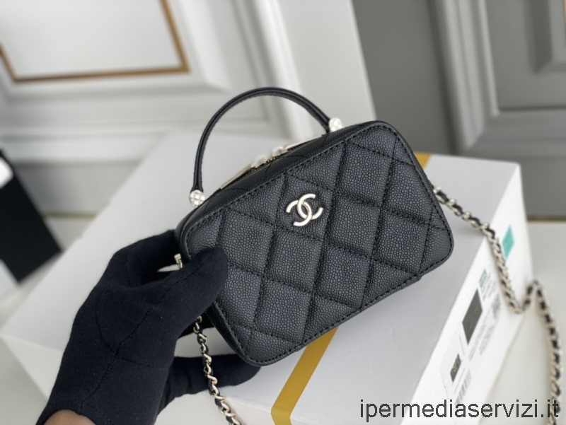 Réplica De Neceser Chanel Con Asa Superior En Piel De Becerro Caviar Negra Ap2634 14x9x5cm
