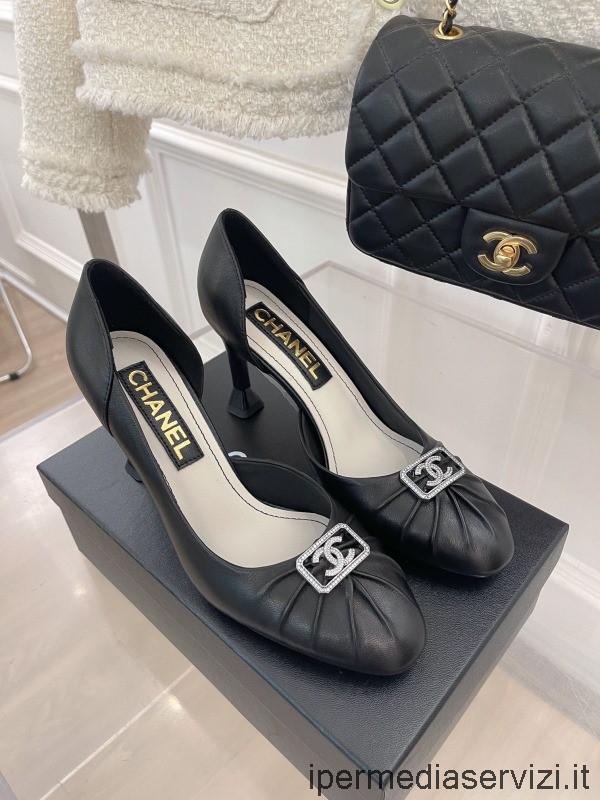 Réplica De Chanel Crystal Cc Zapatos De Cuero De Piel De Cordero Negro 85 Mm 35 A 41