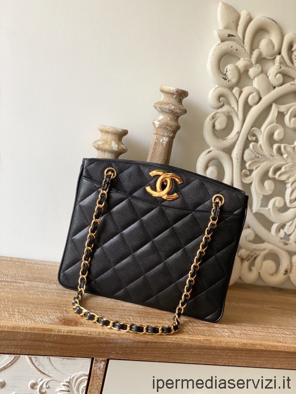 Réplica De Chanel Vintage Pequeño Bolso De Compras Con Logo Cc En Cuero Caviar Negro 28x9x23cm