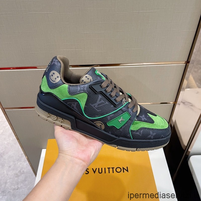 Réplica De Louis Vuitton Mens Lv Trainer Low Top Sneakers En Lona Monogram Y Cuero Verde 38 A 45