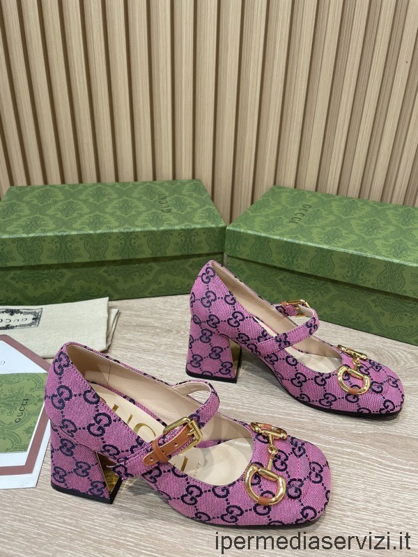 Réplica Gucci Horsebit Mary Janes Púrpura Multicolor Gg Zapatos De Lona 75 Mm 35 A 41