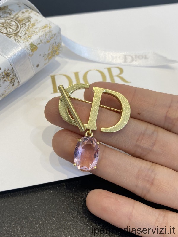 Réplica De Broche Dior Petit Cd En Oro Y Cristal De Color Champán