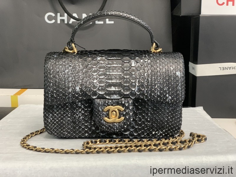 Replica Chanel 2022 Bandolera Solapa Con Asa Superior En Piel De Pitón Negra As2431 20x14x7cm