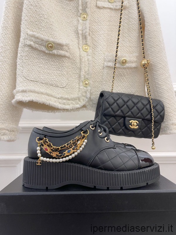 Réplica De Zapatos Derby Con Cordones De Chanel En Cuero Negro 35 A 40