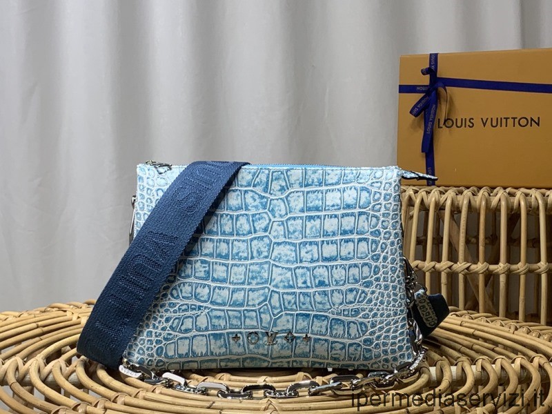 Réplica Louis Vuitton Coussin Pm Bolso De Hombro De Piel De Becerro En Relieve De Cocodrilo Azul Claro M57790 20x26x12cm