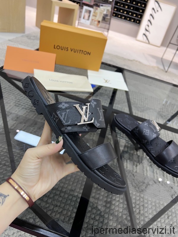 Réplica Louis Vuitton Lv Black Monogram Canvas Slide Sandal 38 A 45