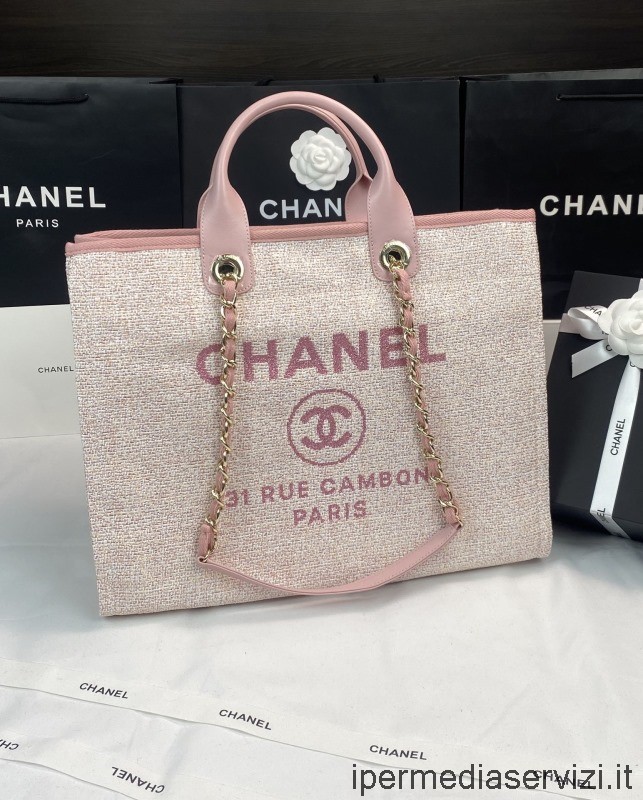 Réplica De Chanel Bolso De Hombro Tote De Compras Con Cadena Deauville Grande En Rosa A66941 38x32x18cm