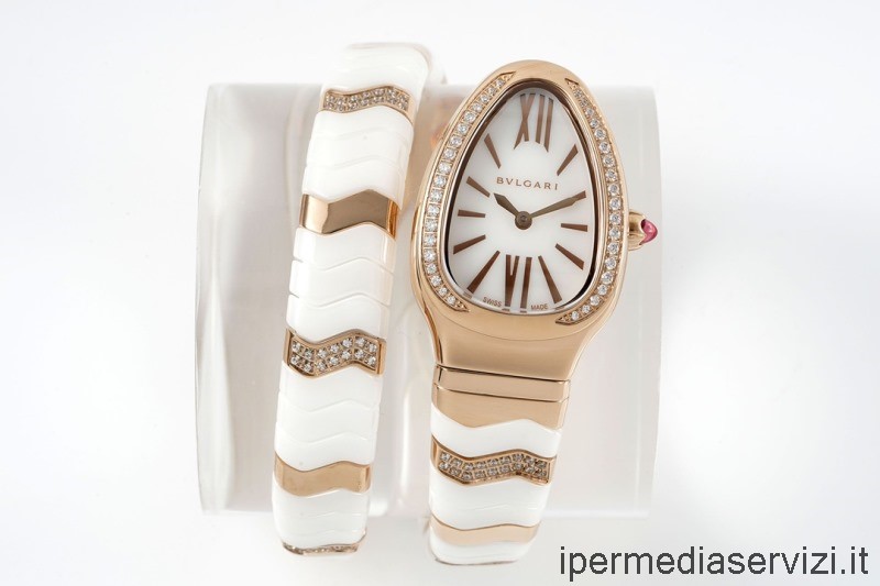 Replica Bvlgari Vip Serpenti Spiga Reloj Dama Con Diamantes En Oro Blanco Ceramica 35mm
