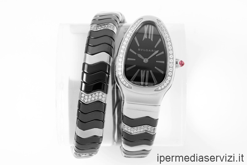Replica Bvlgari Vip Serpenti Spiga Reloj Dama Con Diamantes En Plata Negra Ceramica 35mm