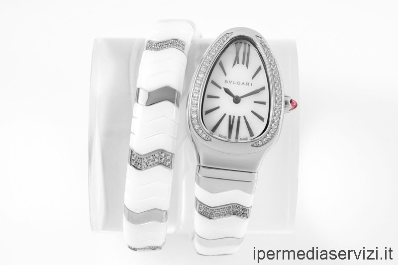 Réplica Bvlgari Vip Serpenti Spiga Reloj Para Mujer Con Diamantes En Cerámica Blanca Plateada 35 Mm