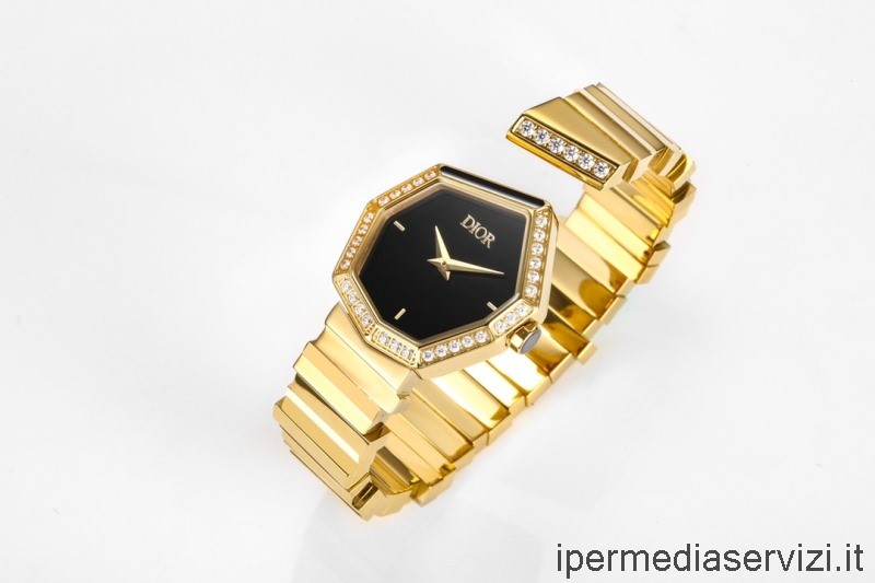 Réplica Dior Vip Oro Diamantes Y Madre Perla Negra Gema Movimiento De Cuarzo Reloj 27x25cm