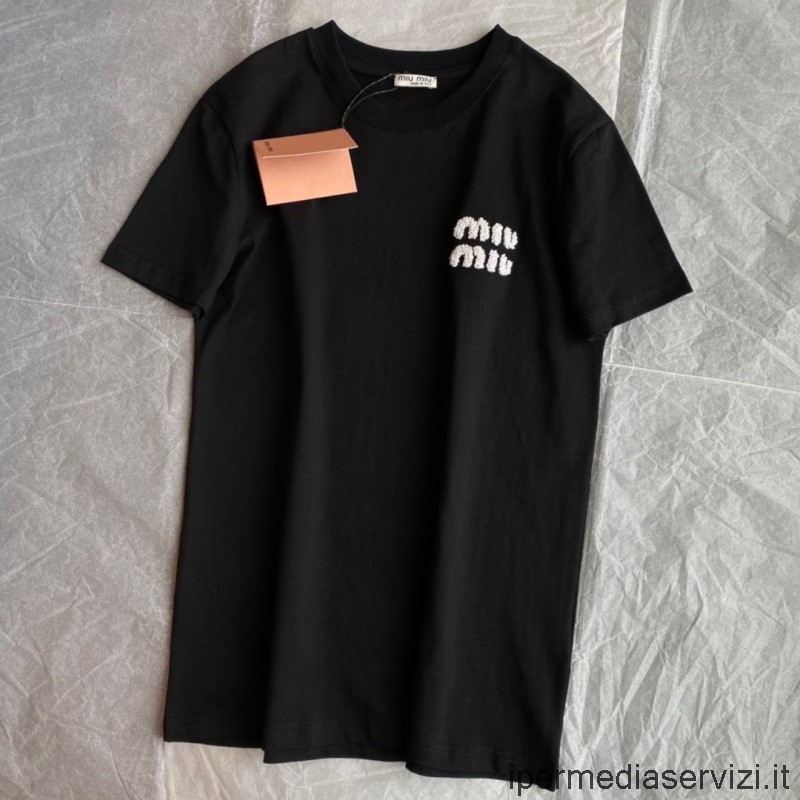 Réplica Miu Miu 2022 Logo Bordado Negro Algodón Jersey Camiseta Sml