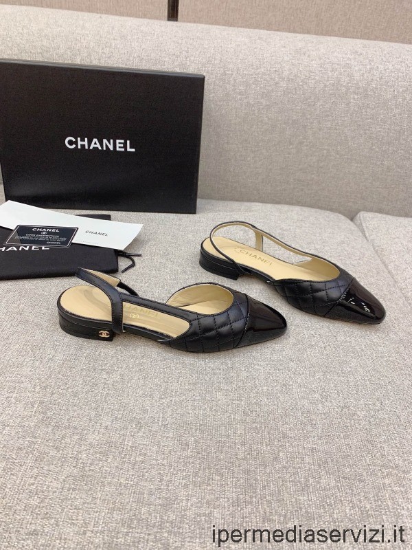 Replica Chanel Vintage Negro Cuero Acolchado Slingback Zapatos Planos 35 A 39