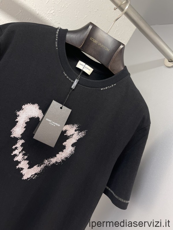 Replica Saint Laurent Sl Heart Classic Camiseta De Cuello Redondo En Algodón Negro Sml