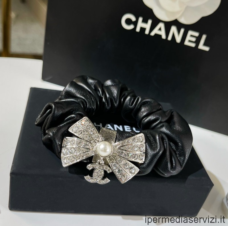 Réplica Chanel Crystal Cc Bowknot Accesorio Para El Cabello De Piel De Cordero Negro Ab8025