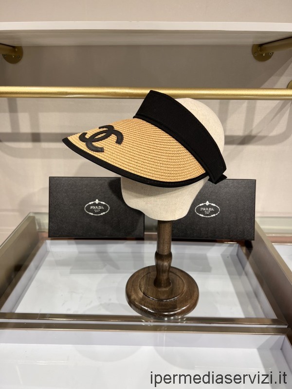 Réplica Chanel Cc Logo Gorra Con Visera De Rafia Sombrero Beige