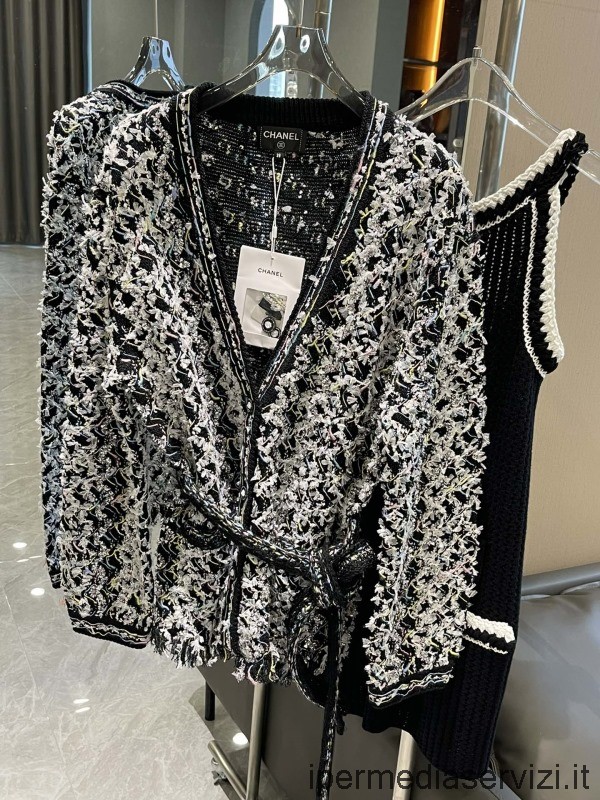 Réplica Chanel Negro Multicolor Viscosa Fibras Mixtas Tweed Cinturón Cardigan Sml