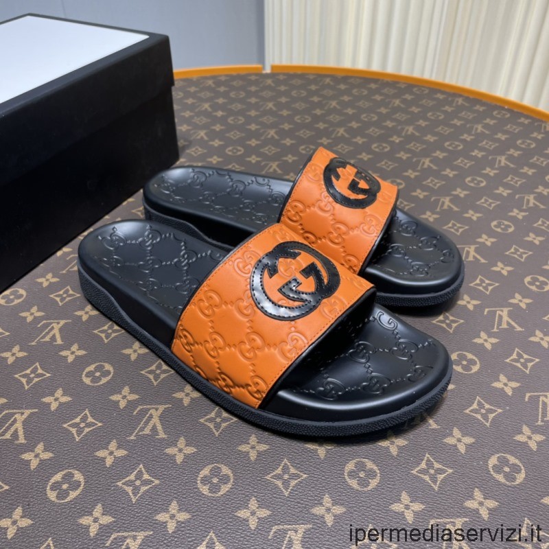 Réplica De Gucci 2022 Mens Gg Signature Sandalia Deslizante De Cuero En Relieve En Naranja 38 A 45