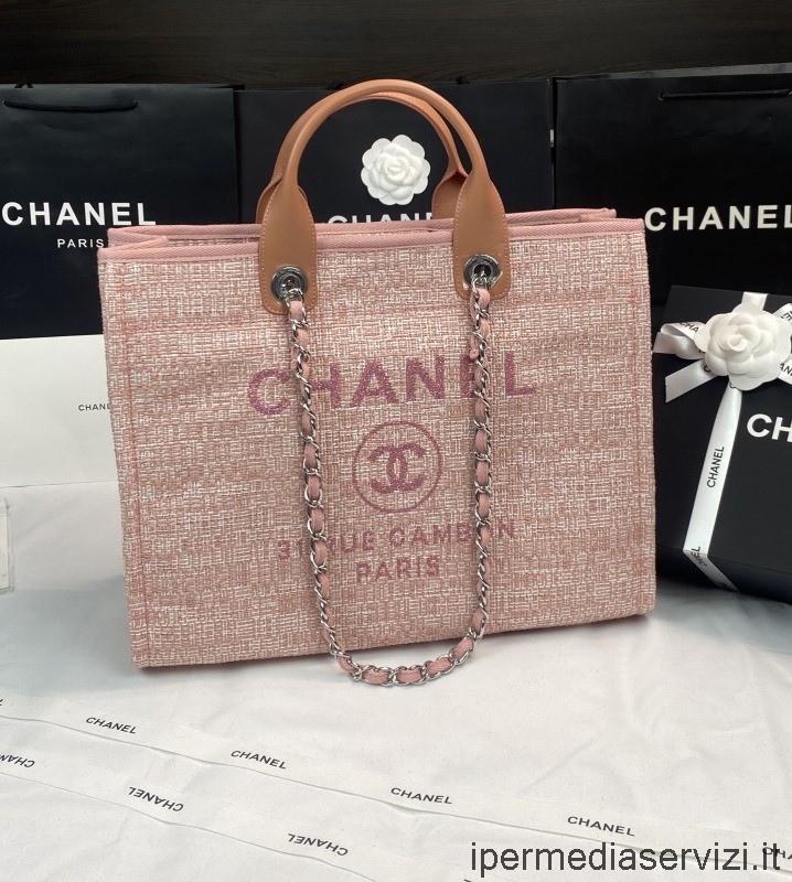 Réplica De Chanel Bolso De Hombro Tote De Compras Con Cadena Deauville Grande En Rosa A66941 38x32x18cm