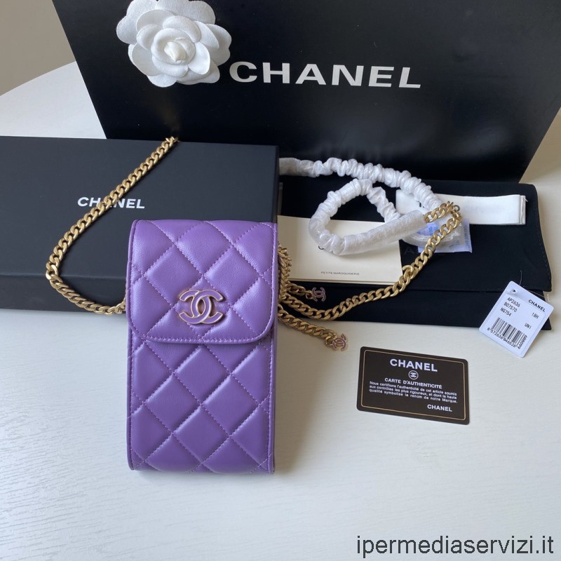 Réplica De Soporte Para Teléfono Cc Chanel Con Cadena En Piel De Cordero Púrpura Ap2636 15x10x4cm