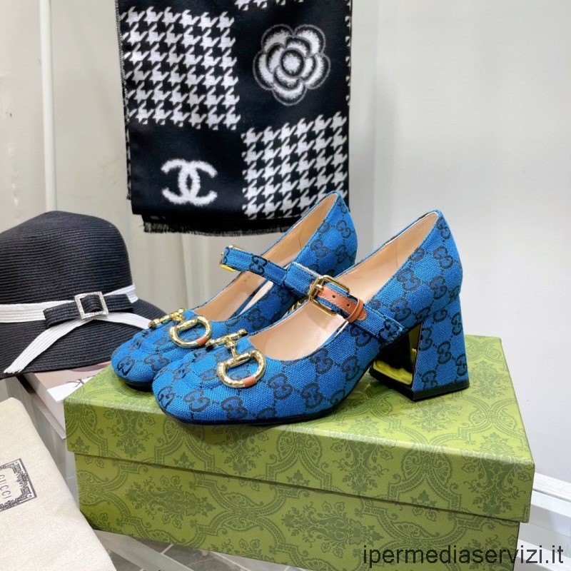 Réplica Gucci Horsebit Mary Janes Gg Multicolor Lona Azul Bombas 75mm 35 A 41