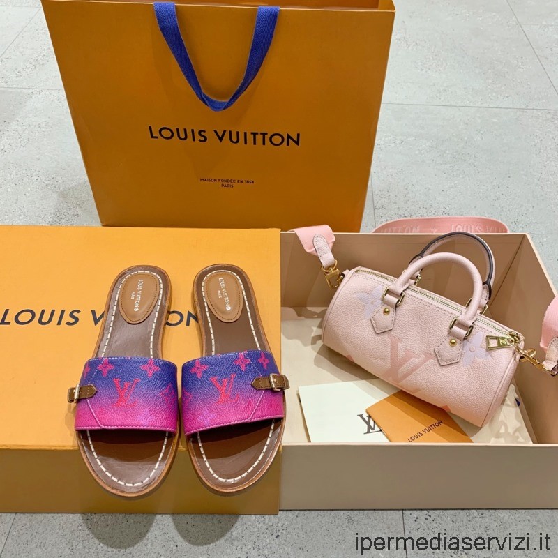 Réplica De Louis Vuitton Lock It Flat Slide Sandalia En Lona Monogram Rosa Fucsia 35 A 40