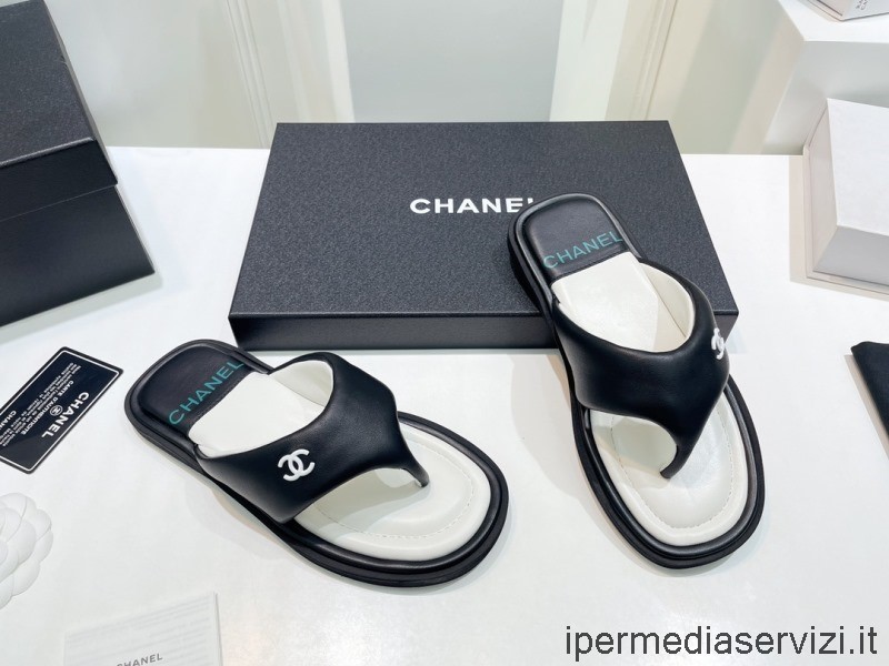 Réplica Chanel 2022 Cc Logo Cuero Thong Sandalia En Negro 35 A 40
