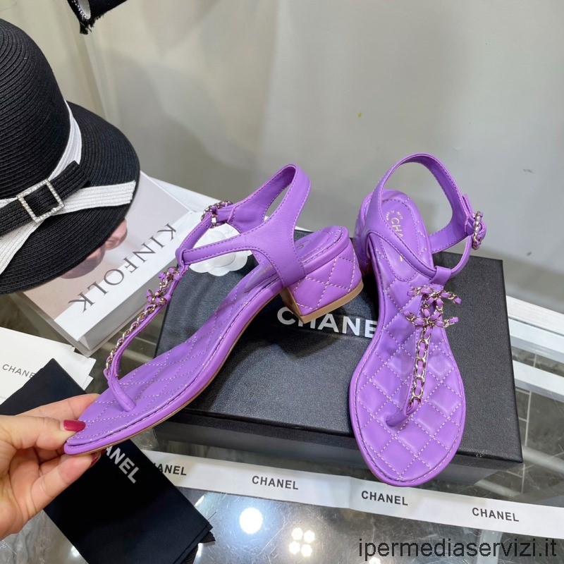Réplica Chanel 2022 Cadena Cc Logo Sandalia De Cuero En Púrpura 40mm 35 A 40