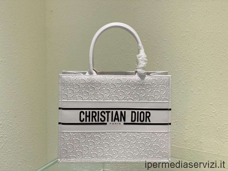 Réplica De Bolso De Hombro Dior Medium Dior Book Tote En Cuero Repujado Dior Oblique Blanco 36x27x16cm