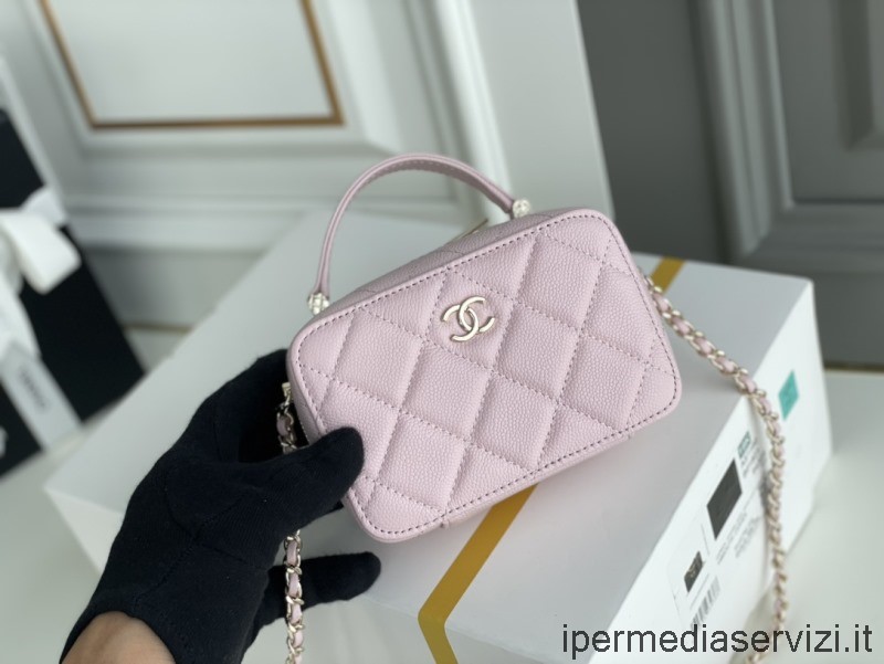 Réplica De Neceser Chanel Con Asa Superior En Piel De Becerro Caviar Rosa Ap2634 14x9x5cm
