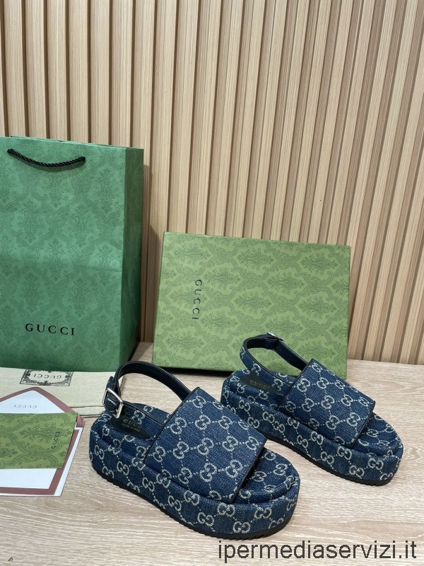 Replica Gucci 2022 Naisten Alusta Sininen Gg Supreme Canvas Litteä Sandaali 35-43