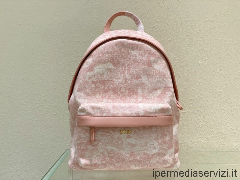 Replica Dior 2022 Iso Reppu Vaaleanpunaisesta Puuvillakankaasta Norsunluun Toile De Jouy Printillä 29x14x38cm