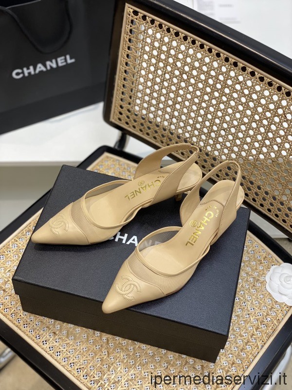Réplique Chanel Cc Logo Maille Beige Et Pompe à Bride En Cuir 35 à 40