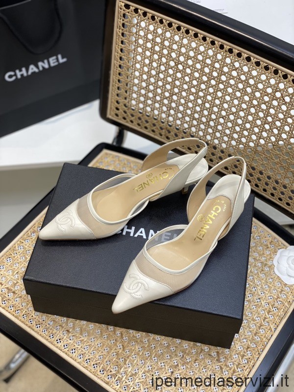 Réplique Chanel Cc Logo Maille Blanche Et Pompe à Bride En Cuir 35 à 40