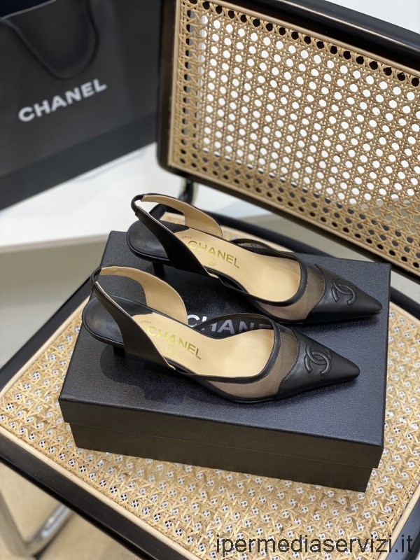Réplique Chanel Cc Logo Maille Noire Et Pompe à Bride En Cuir 35 à 40