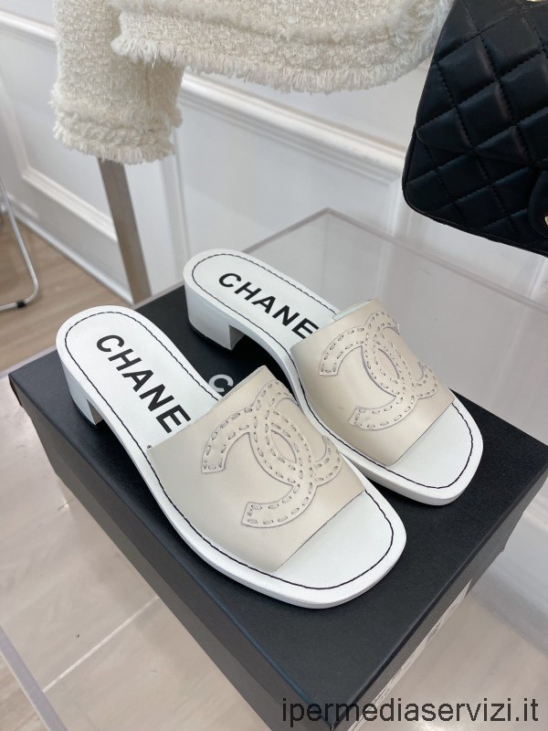 Réplique Chanel Cc Logo Sandale à Talon En Cuir De Veau Blanc 45mm 35 à 41