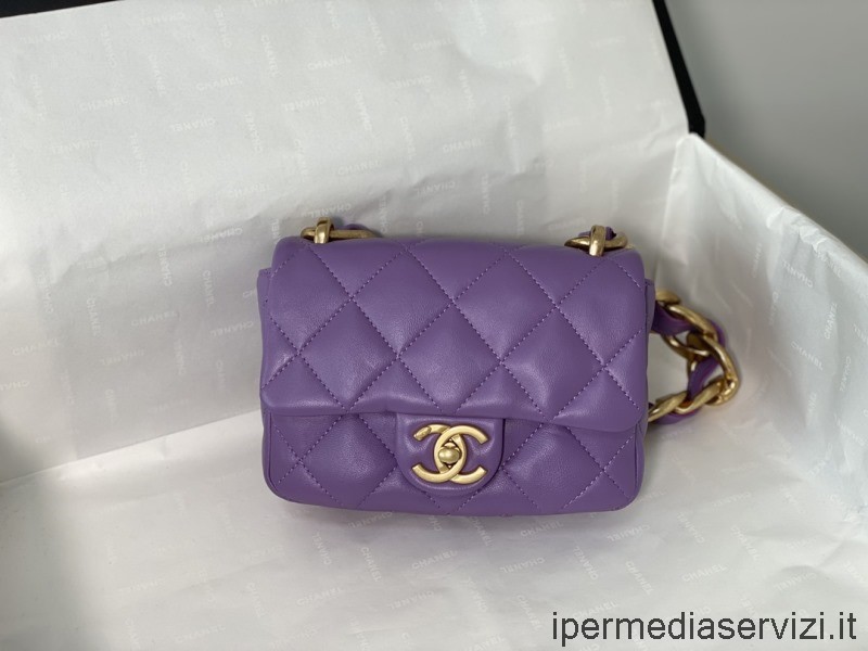 Mini Sac à Rabat Chanel Avec Chaîne En Cuir Dagneau Violet As3213 13x17x6cm