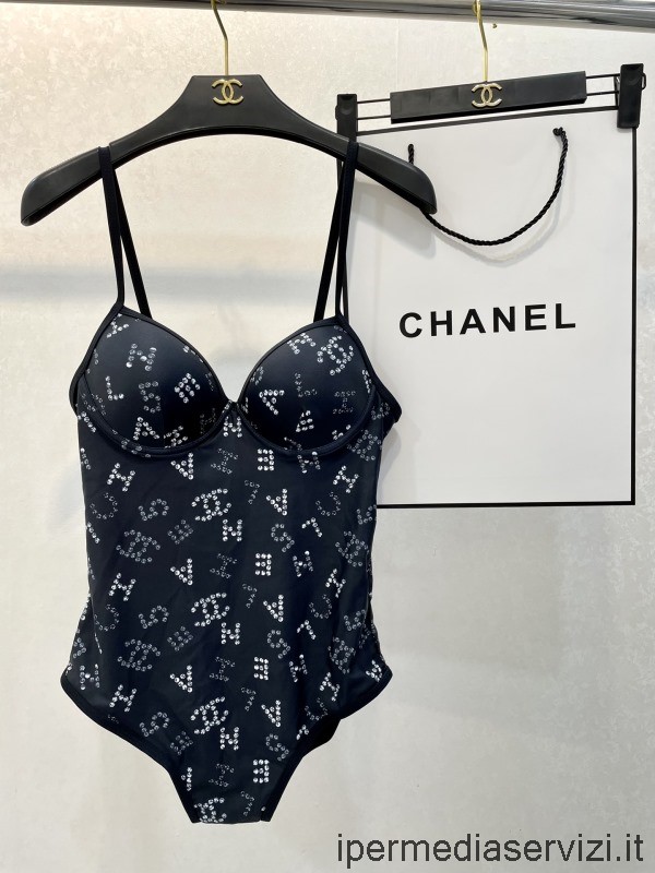 Replica Chanel Nero Mopnogram Logo Costume Da Bagno In Cotone Di Seta Bikini Sml