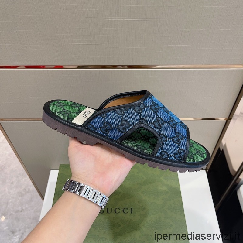 Replica Gucci 2022 Uomo Blu Verde Multicolor Gg Supreme Sandalo In Tela Da 38 A 45