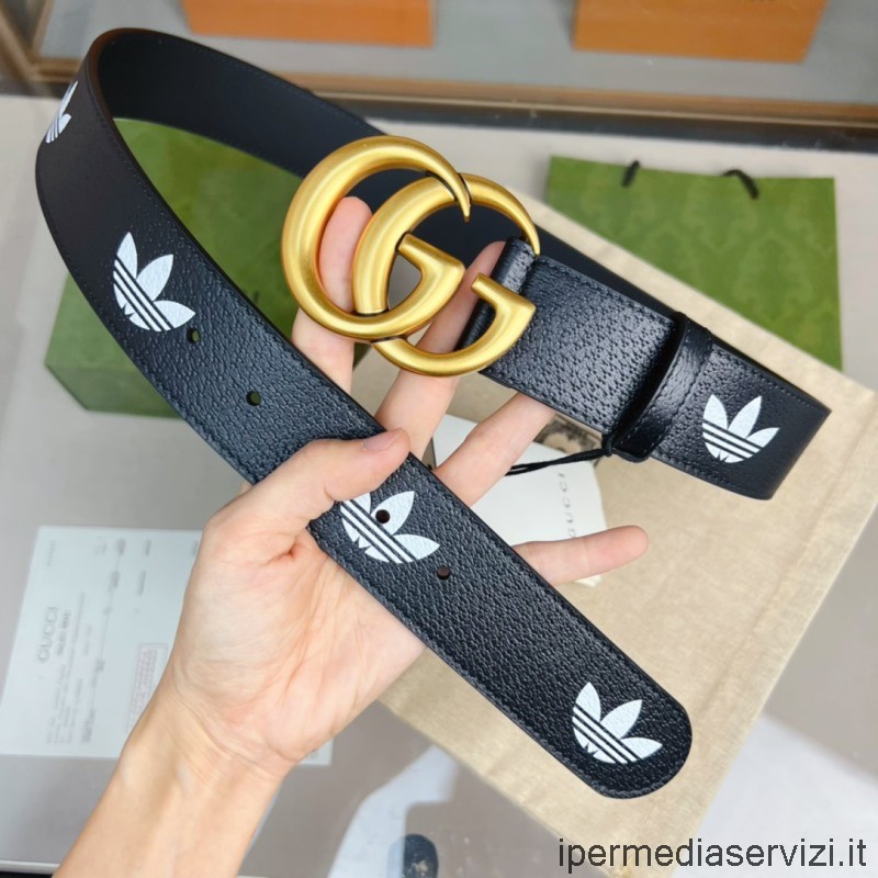 Replica Gucci X Adidas Doppia G Fibbia Trifoglio Cintura In Pelle Nera 40mm