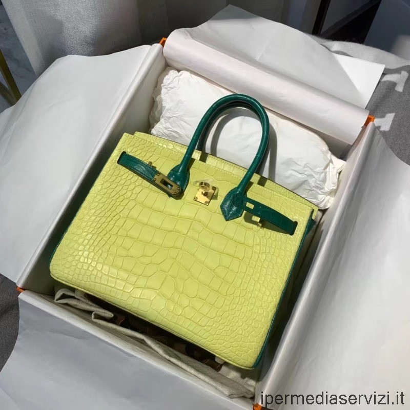 Replica Hermes Vip Birkin 25 Tote Bag In Pelle Di Coccodrillo Giallo Verde