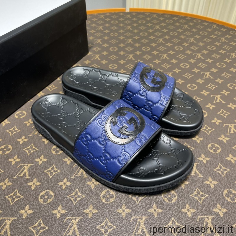 Replica Gucci 2022 Mens Gg Signature Dombornyomott Bőr Csúsztatható Szandál Kék Színben 38-45