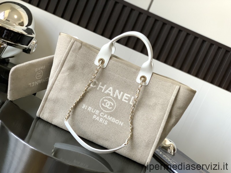 Chanel Replika Nagy Deauville Szürke Raffia Vászon Bevásárlótáska A66941 38x30x22