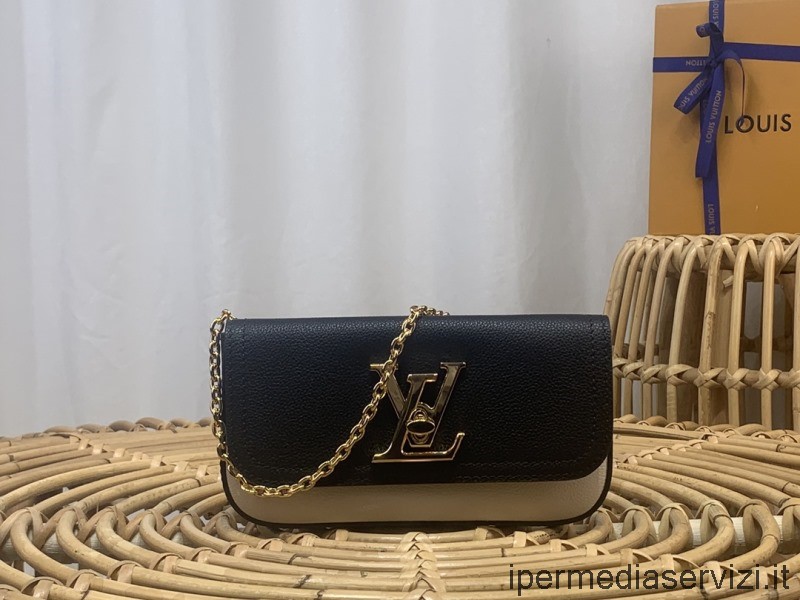 Replika Louis Vuitton Lockme Tasak Lánccal Fekete Krémes Szemcsés Borjúbőrből M80898 19x9x4cm