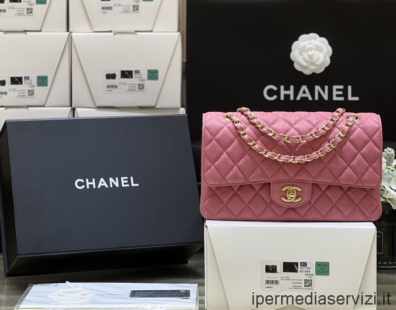 Replica Chanel Vip Közepes Lapos Válltáska Rózsaszín Kaviár Borjúbőrből 25cm