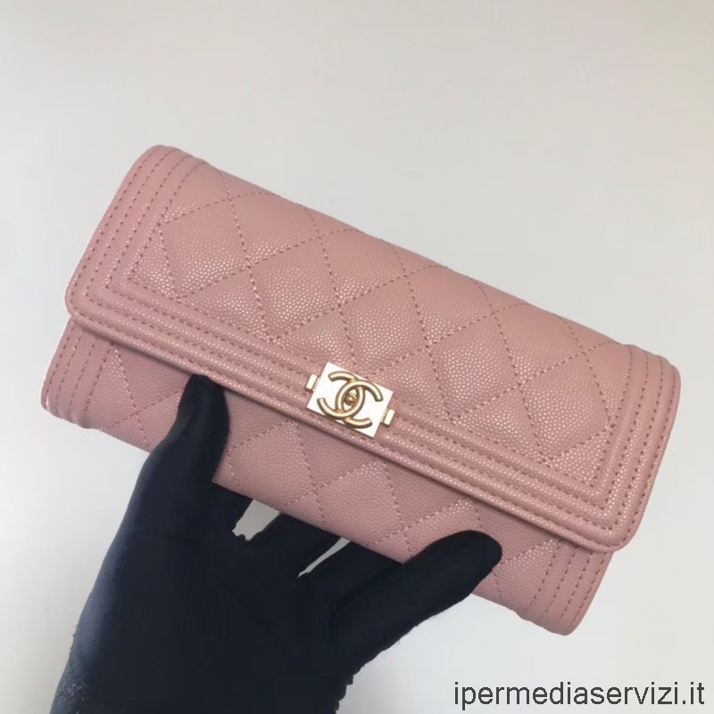 Replika Chanel Leboy Füles Pénztárca Rózsaszín Szemcsés Bőrből A80286 10x19x3cm
