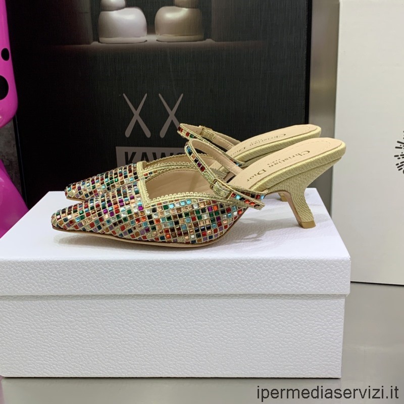 Replica Dior Capture Sarkú öszvérek Arany Pamut Fémfonallal és Többszínű Négyzet Alakú Strasszal 65 Mm 33-44